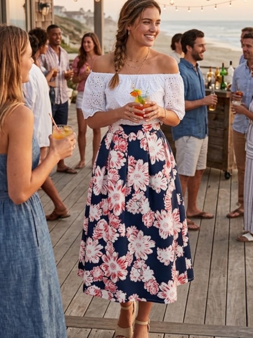 GOA Red White Blue Floral Wide Circle Skirt Women's Size Small